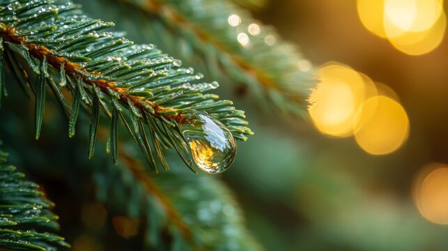 Dewdrop clinging to a pine branch in sunlight