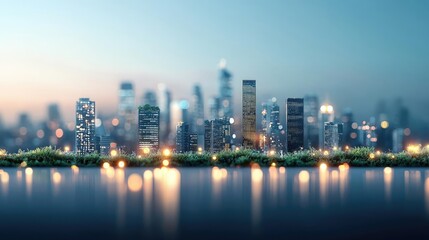 Obraz premium City skyline reflecting on water at dusk, vibrant lights and soft blur effect.
