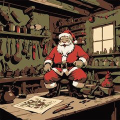 santa claus with christmas tree, santa claus with a bag of gifts, Santa’s workshop vector illustration