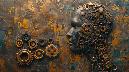 Vintage Mechanical Human Head with Artistic Gears Design