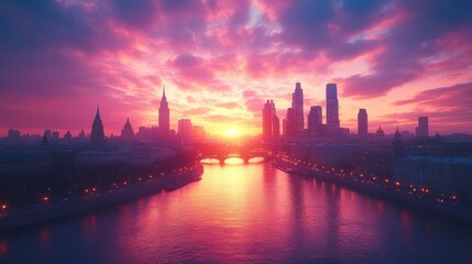 Fototapeta premium Vibrant sunrise cityscape over river, buildings silhouetted against colorful sky.