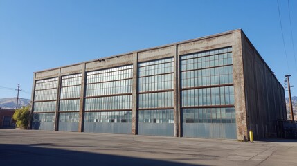 Obraz premium A striking industrial warehouse exterior with large reflective windows and tall roll-up doors under a clear blue sky