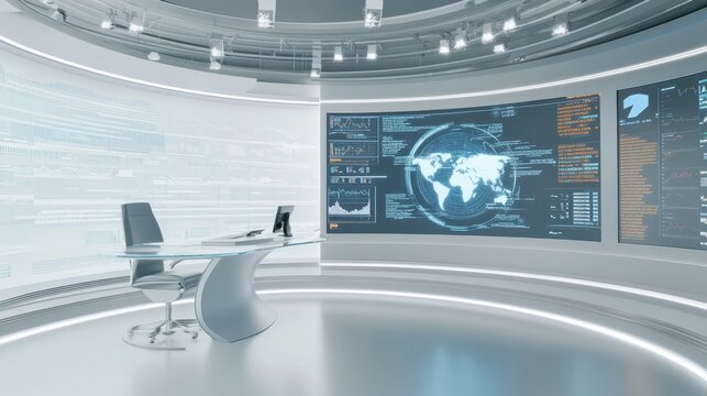 3D rendering of a futuristic news studio featuring a curved glass desk and sleek chair, blue and silver tones, digital background with a rotating globe and stock market data, Photorealistic