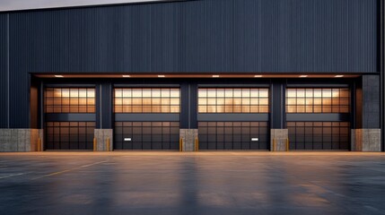 An industrial warehouse facade featuring large rectangular windows and steel double doors, basking in warm evening light