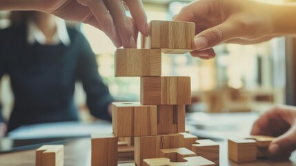Close up shot of the hands of a business team working to connect wooden puzzles in the office. Teamwork, staff collaboration, and effective work dynamics among the people involved.