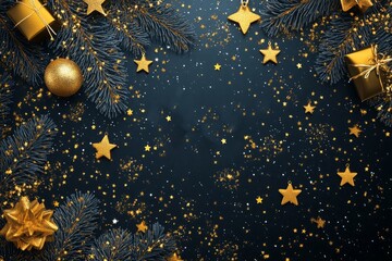 An elegant Christmas background with gold embellishments framing the empty space, perfect for personalized messages or designs, copy space