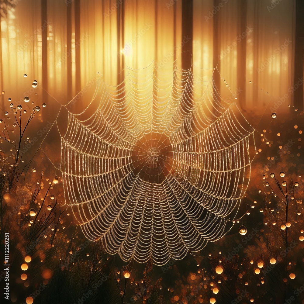 Sticker spider web with morning dew a spider web glistens with tiny dew