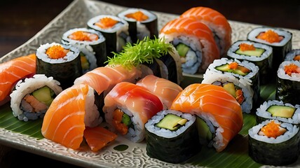 sushi on a plate with chopsticks