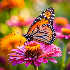Fototapeta premium A Butterfly's Delicate Dance On Petals of Bloom, Where Beauty Takes Flight