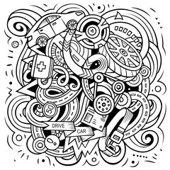 Auto Service cartoon vector illustration. Funny detailed composition with lot of Automotive objects and symbols