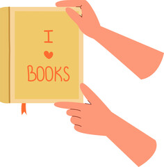 Cute vector illustration of hands holding book. World book day. Education concept. Simple funny clipart isolated on white. Book festival.