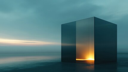 Illuminated Abstract Cube in Serene Coastal Landscape at Dusk