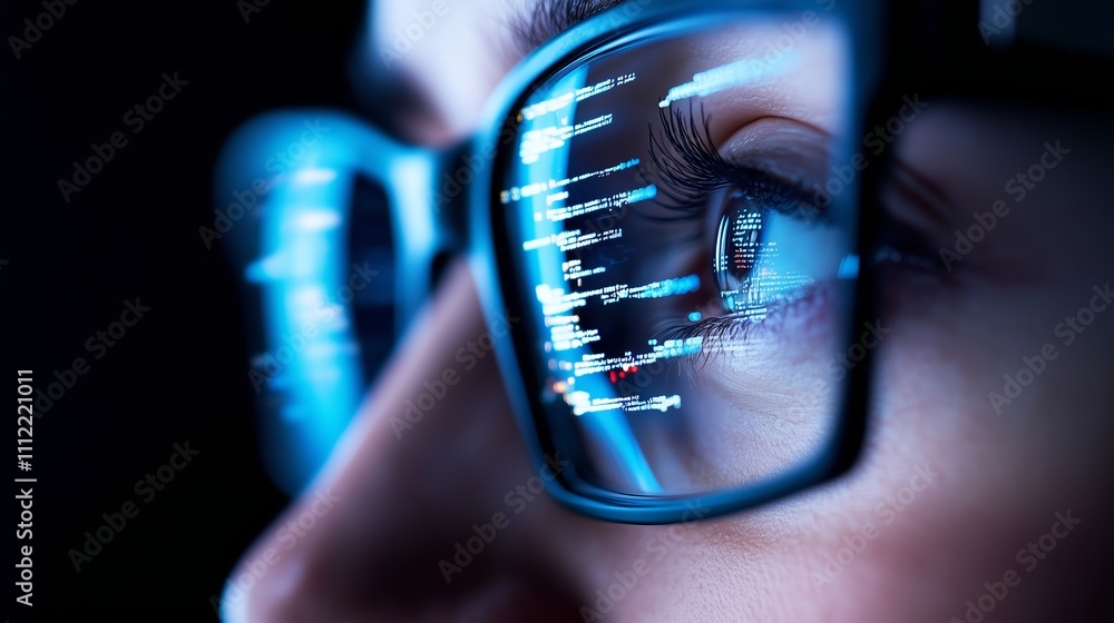 Poster close-up of a person with glasses focused on coding on a computer screen in a dark environment