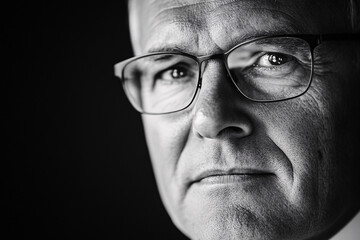 A detailed monochrome portrait of a thoughtful older man in glasses with an intense gaze and soft lighting highlighting his features
