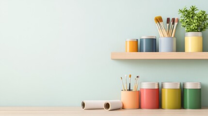 A bright workspace with several paint cans, each containing a different vibrant color, arranged neatly on a wooden shelf, with brushes and rollers scattered around, soft diffused light creating a