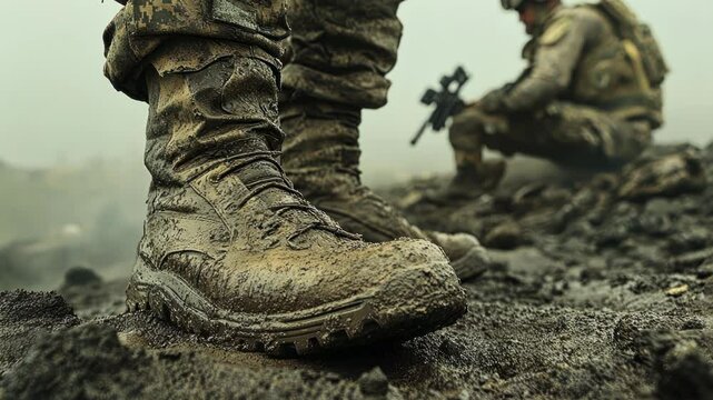 Close-up of muddy military boots on uneven terrain.