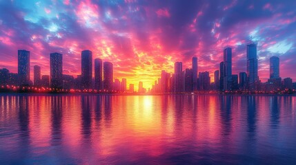 Fototapeta premium Vibrant sunset cityscape reflected in calm water. (1)