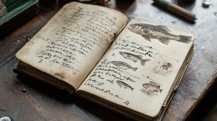 Obraz premium Antique Fish Drawings in Vintage Journal