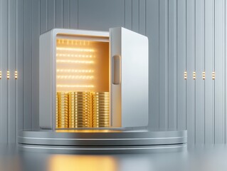 3D icon financial business a futuristic vault door slightly open, revealing stacks of gold and silver bars illuminated by glowing light, placed on a polished metallic platform, modern gradient