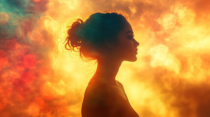 Silhouette of a woman against a colorful, glowing background during twilight. Generative AI