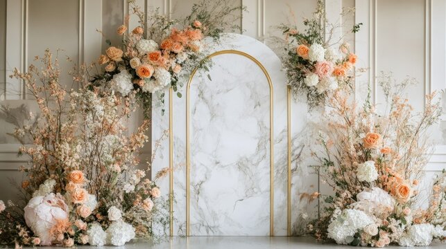 Elegant floral arch with pastel blooms and greenery, set against a marble backdrop, perfect for weddings or special events.