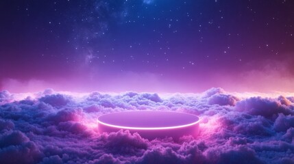 Illuminated Platform Above Purple Clouds Underneath a Starry Night Sky