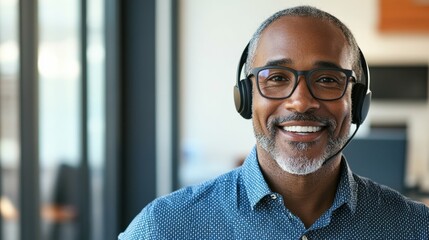 Smiling man wearing a headset and glasses speaking during a virtual meeting modern office setting with bright natural light focused and professional