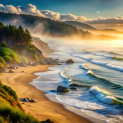 Naklejka premium he Enchantment of Misty Shorelines Where Fog Kisses the Waves in a Soft Embrace A Dreamlike Landscape Awaits at the Water's Edge