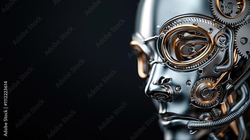 Poster Close-up of a robotic head with intricate gears and metallic design on a dark background