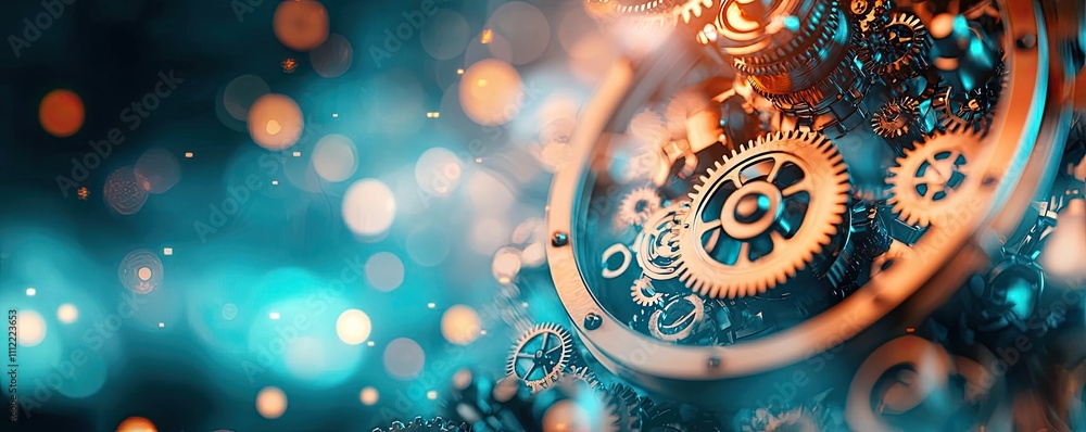 Poster close-up of intricate gears and clockwork in vibrant colors, abstract technology background.