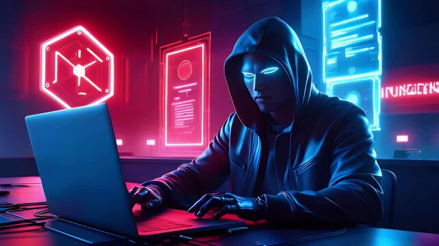 A hooded figure working on a laptop in a neon-lit, futuristic environment.