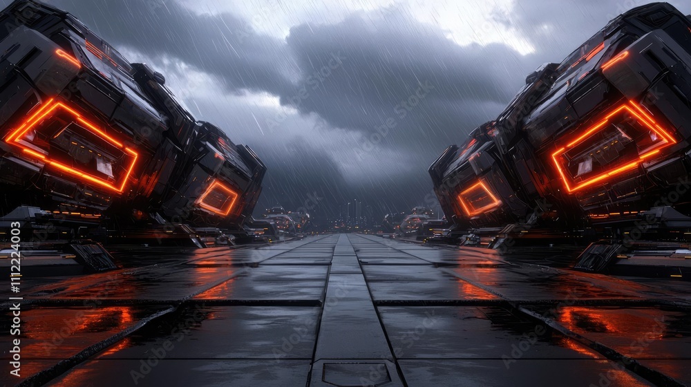 Poster futuristic spacecraft on a reflective platform with dramatic clouds.