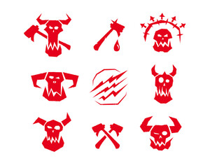 A Gothic orc symbol featuring a beastly skull, shadowy horns, and a barbaric grin, representing savage warlords and battle hardened creatures in a red style.