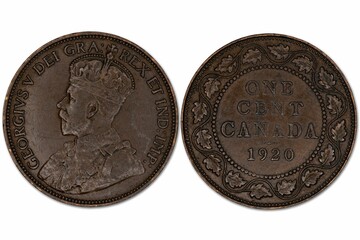 Close-up of a 1920 Canadian one cent coin featuring King George V, showcasing intricate details