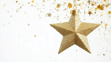 Christmas gold glitter star hanging isolated on white background