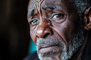 Close up portrait of a crying elderly african american man expressing sadness and despair, highlighting the impact of emotions on the human face