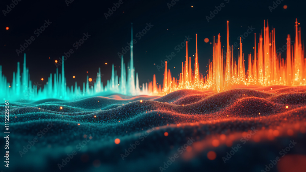 Poster a vibrant digital illustration showcasing sound waves in orange and teal, creating a dynamic visual 