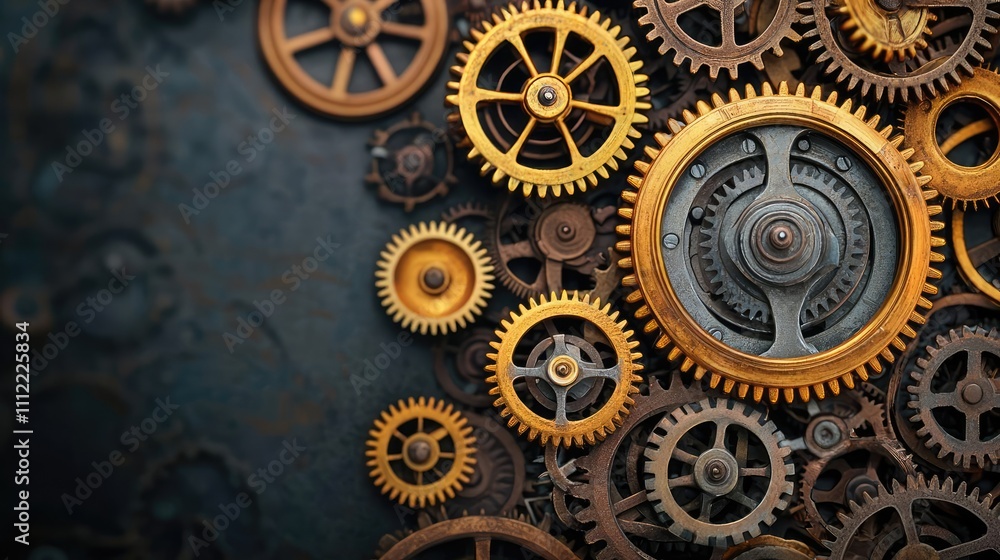 Poster Intricate gears and cogs creating a mechanical composition on a dark background.