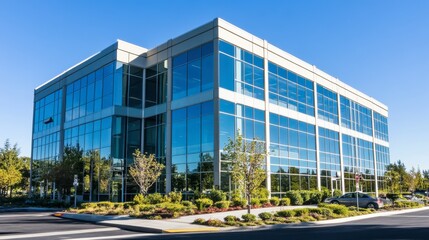 Obraz premium Modern Glass Office Building Surrounded by Trees and Landscape