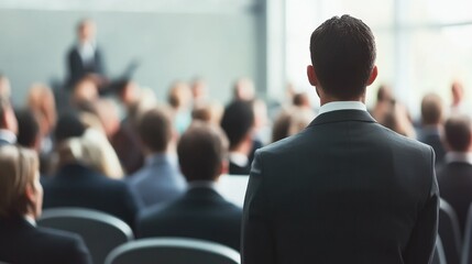 Obraz premium Business meeting in a modern office with diverse professionals listening to a speaker in formal attire clean interior with bright lighting focus on collaboration