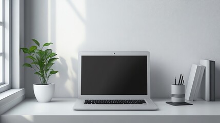 Fototapeta premium A laptop computer, two pencils in a white cup, and two plants on a white desk in front of a white wall.