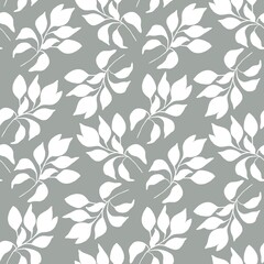 Delicate seamless pattern with plant elements. Silhouettes of white branches and leaves grey background create an elegant minimalist design for textiles and decor.