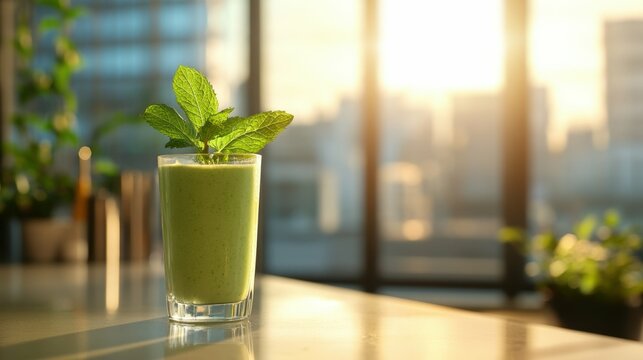 Green smoothie glass garnished with mint leaves on a modern bar counter bright natural lighting and blurred city skyline in the background