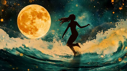 Naklejka premium Silhouette of a Woman Dancing on the Ocean Waves Under a Bright Full Moon in a Mystical Night Scene with Surreal Colors and Dreamy Atmosphere