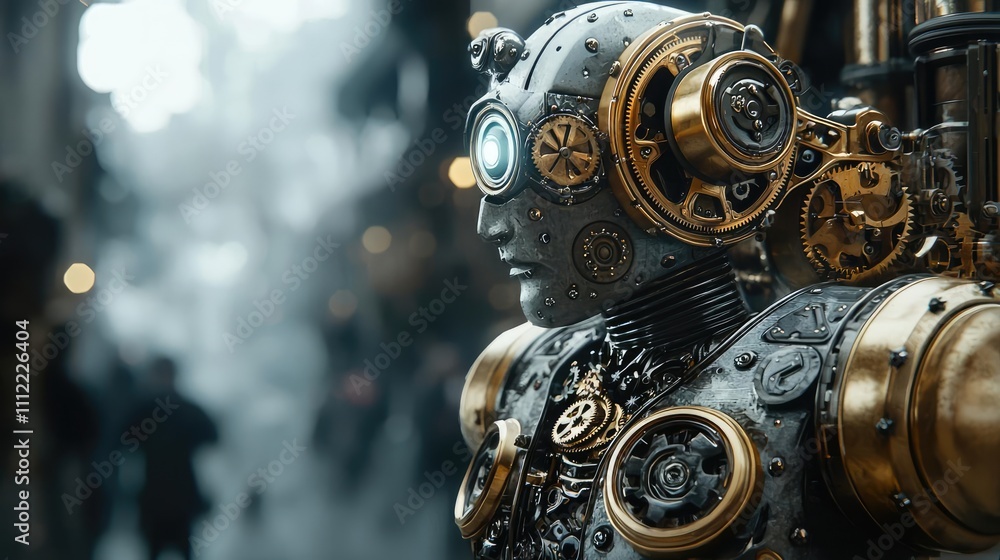 Poster intricate steam-powered robot design with gears and vintage elements on a blurred background.