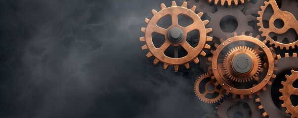 Copper gears with a smoky background, showcasing intricate mechanical design.