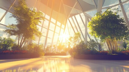 Fototapeta premium Bright Sunlight Streaming Through Modern Greenhouse with Plants