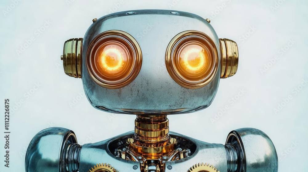 Poster futuristic robot design with glowing eyes on a white isolated background.