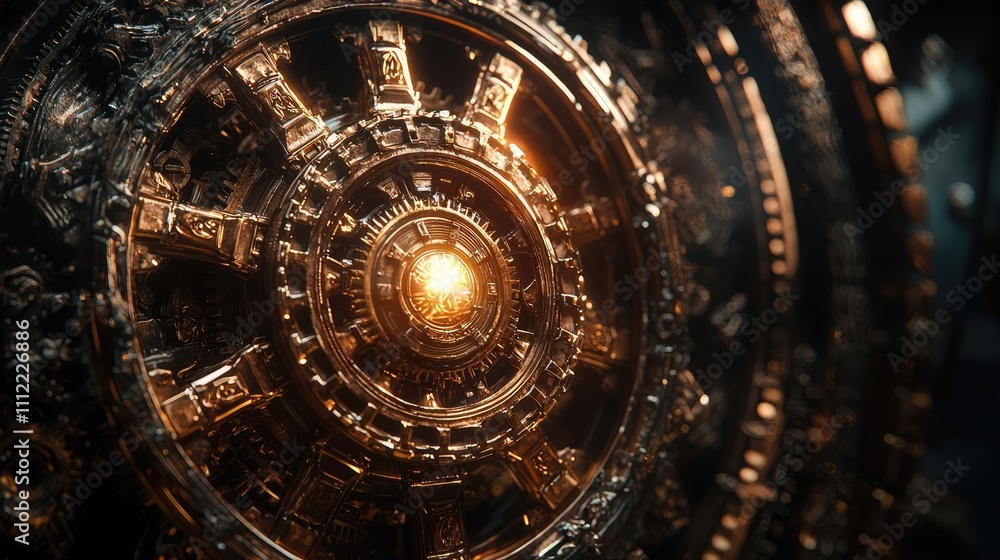 Poster intricate mechanical design with glowing center, isolated on black background