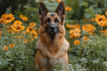 Beautiful German Shepherd seated among vibrant yellow flowers in a garden setting on a sunny day